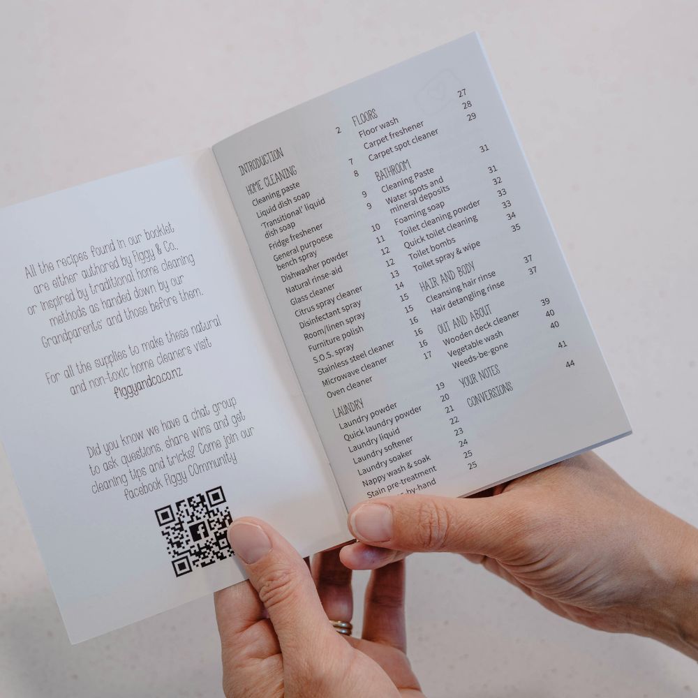 Figgy & Co. recipe booklet has 38 easy to make, effective home cleaning recipes and tips for your low tox home