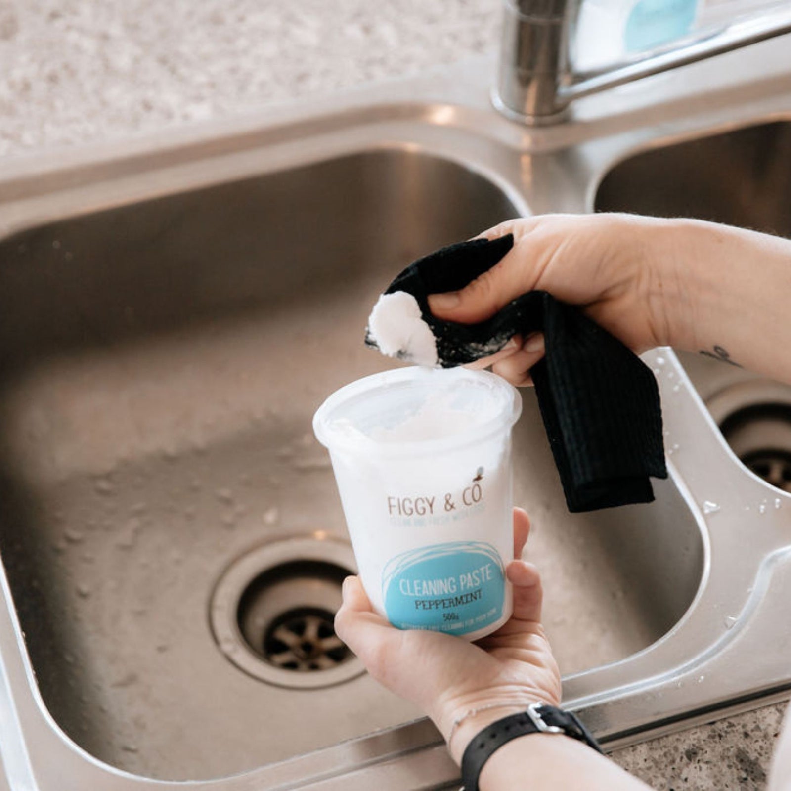 Cleaning the Sink with Figgy & Co's Cleaning Paste