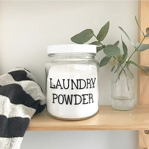 Figgy and Co natural eco nontoxic green cleaning laundry powder label storage glass jar nz home decor DIY