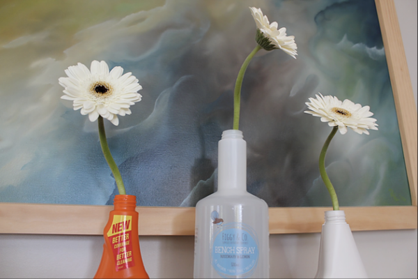 Science experiment showing three flowers each in a different cleaning product bottle. Two of the flowers are shown in everyday bench sprays with chemicals in them and the third in a Figgy and Co Everyday Bench Spray bottle. 